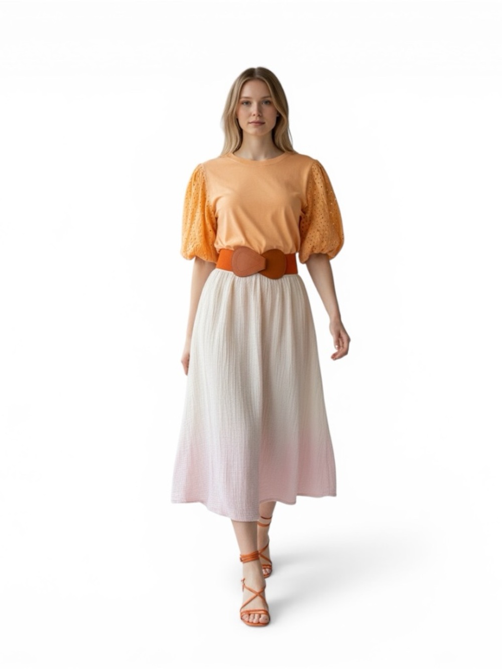 Sanctuary Orange Eyelet Puff Sleeve Top M Boho Feminine Blouse Summer